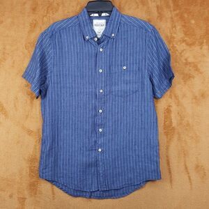 HERITAGE Shirt Mens Medium Blue Stripe Button Up Short Sleeve 100% Linen
